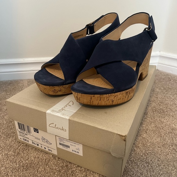 Clarks Maritsa Lara Navy Suede Platform Sandals Size 8.5 - Picture 1 of 8